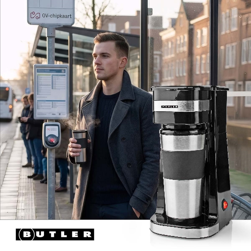 Butler - Vieno puodelio kavos aparatas 0,4 l su kelioniniu puodeliu 750W/230V nerūdijančio plieno/juoda