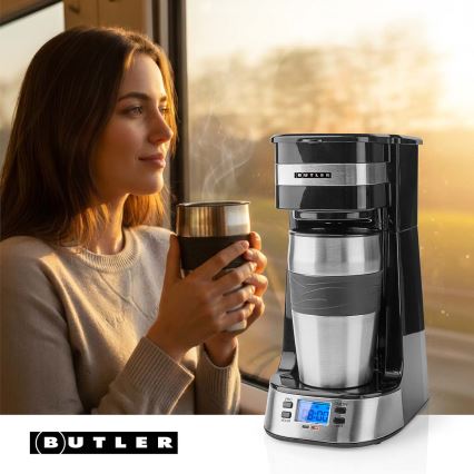 Butler - vieno puodelio kavos aparatas 0,4 l su laikmačiu ir kelioniniu puodeliu 750W/230V nerūdijančio plieno/juoda