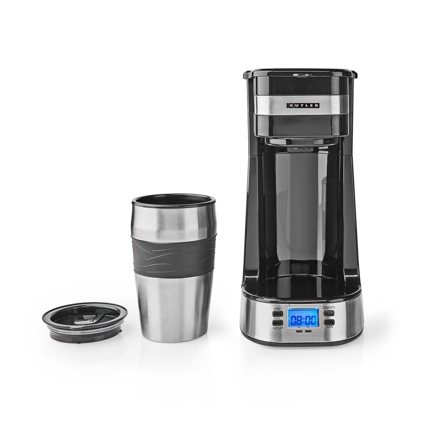 Butler - vieno puodelio kavos aparatas 0,4 l su laikmačiu ir kelioniniu puodeliu 750W/230V nerūdijančio plieno/juoda