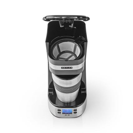 Butler - vieno puodelio kavos aparatas 0,4 l su laikmačiu ir kelioniniu puodeliu 750W/230V nerūdijančio plieno/juoda