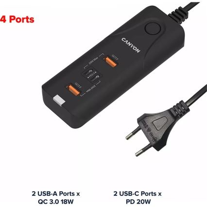 Canyon - Įkroviklis 2xUSB A + 2xUSB C Power Delivery 20W