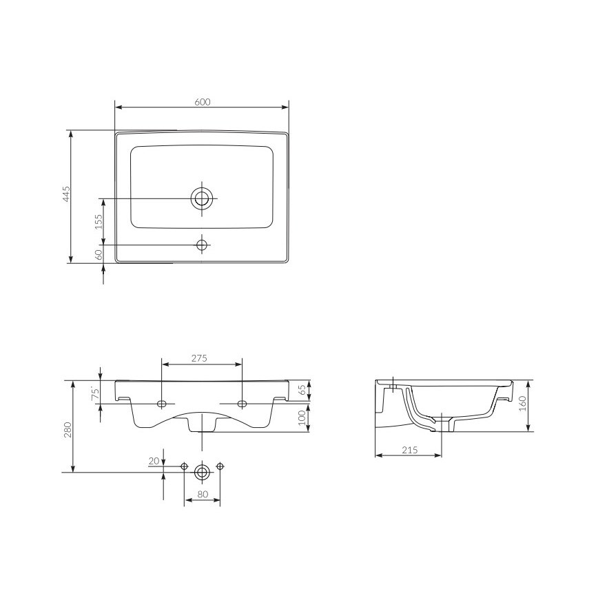 Cersanit K114-006 - Įleidžiamas praustuvas CREA 44,5x60 cm keramika/blizgi balta