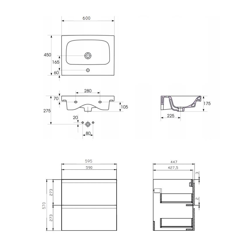 Cersanit S801-223-DSM - Pakabinama vonios spintelė su praustuvu MODUO 60x45 cm blizgi balta