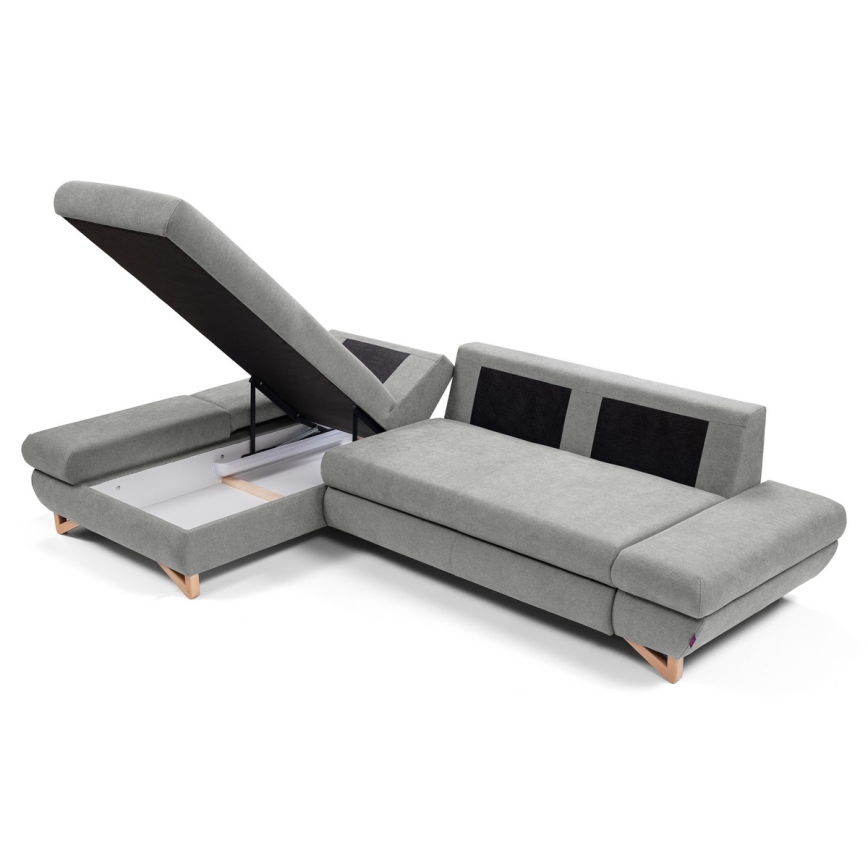Išskleidžiama kairinė L formos apmušta sofa-lova AVESTA, pilka, su daiktų laikymo dėže