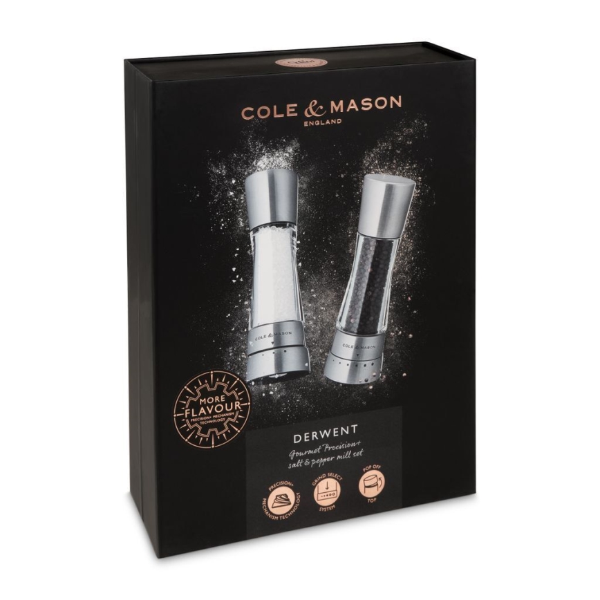 Cole&Mason - Druskos ir pipirų malūnėlių rinkinys DERWENT 2 vnt 19 cm blizgus chromas