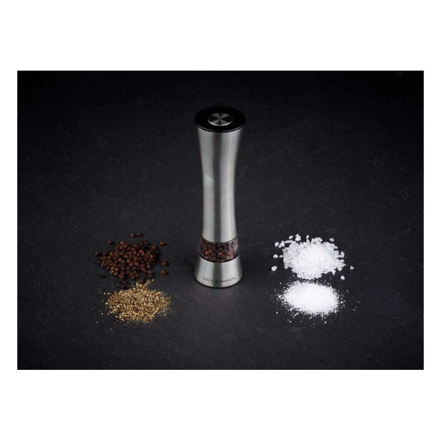 Cole&Mason - Elektrinis salt or pepper grinder BURFORD 4xAAA 18 cm matinis chromas
