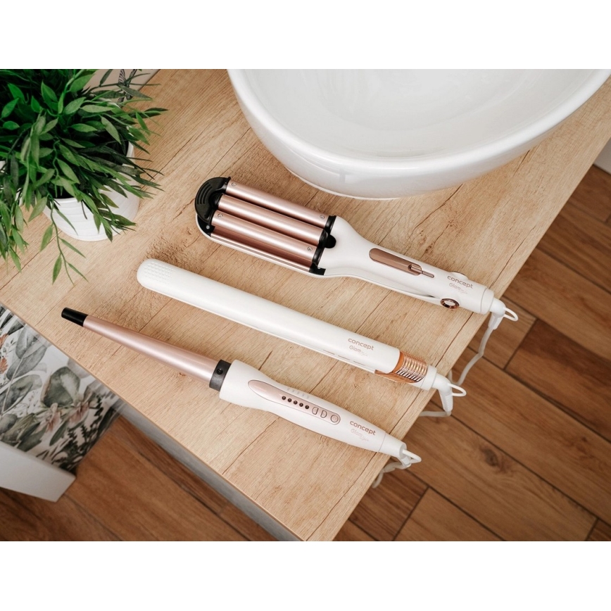 Concept KT2140 - Trijų barelių garbanojimo žnyplė GLAM STYLE 100W/230V balta/rožinio aukso