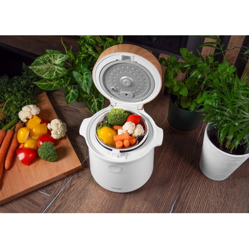 Concept RE3030 - Skaitmeninė ryžių viryklė 2 viename 380W/230V 1,5 l balta/medžio dekoras