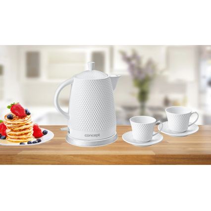 Concept RK0040 - Elektrinis virdulys 1,5 l 1500W/230V baltas/keramika + 2 puodeliai su lėkštelėmis