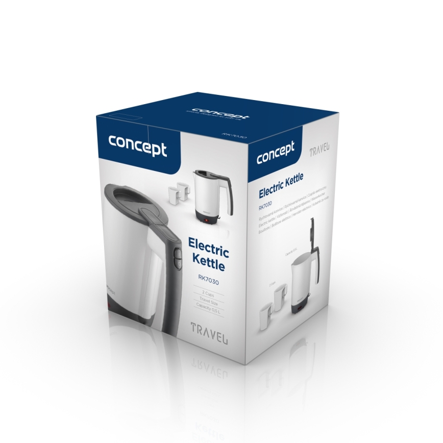 Concept RK7030 - Kelioninis elektrinis virdulys 0,5 l 1080W/230V pilka/balta + 2 puodeliai