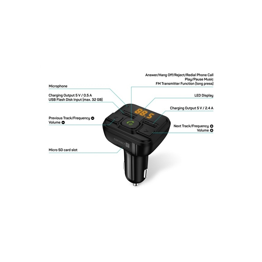 CONNECT IT CCC-8600-BK - FM automobilinis siųstuvas su laisvų rankų funkcija juoda