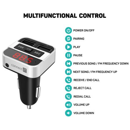 CONNECT IT CCC-8800-SL - FM automobilinis siųstuvas su laisvų rankų funkcija juoda/sidabras