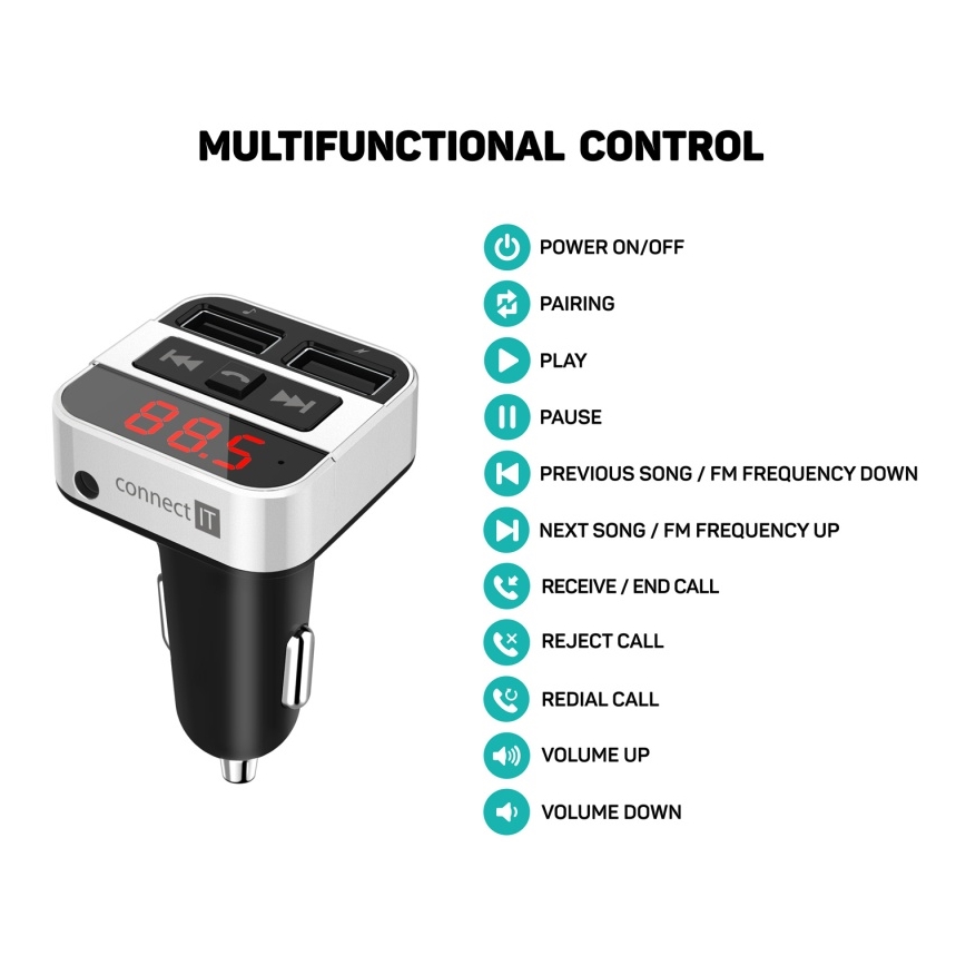 CONNECT IT CCC-8800-SL - FM automobilinis siųstuvas su laisvų rankų funkcija juoda/sidabras