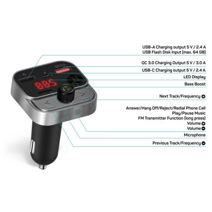 CONNECT IT CCC-8900-AN - FM automobilinis siųstuvas su laisvų rankų funkcija juoda/sidabras