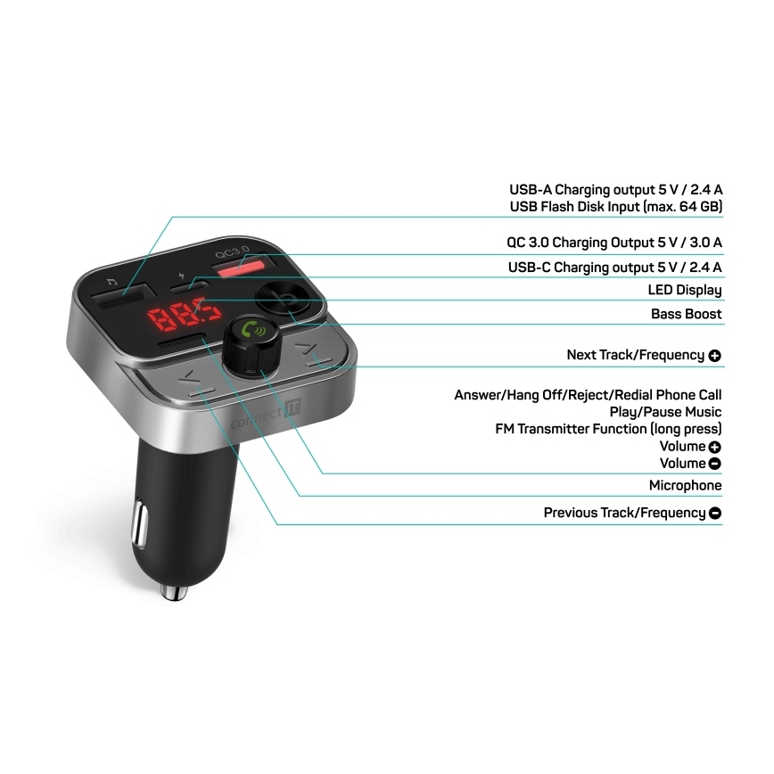 CONNECT IT CCC-8900-AN - FM automobilinis siųstuvas su laisvų rankų funkcija juoda/sidabras