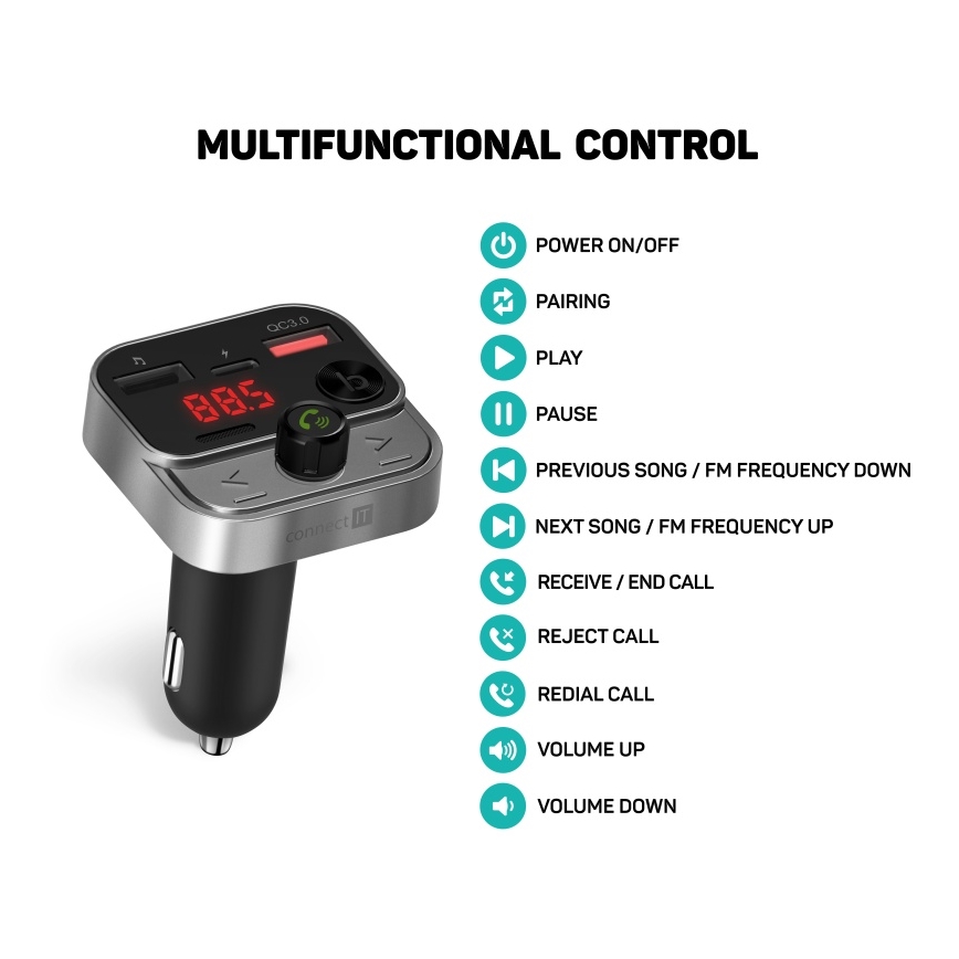 CONNECT IT CCC-8900-AN - FM automobilinis siųstuvas su laisvų rankų funkcija juoda/sidabras
