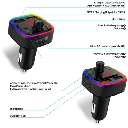 CONNECT IT CCC-9090-BK - LED RGB FM automobilinis siųstuvas su laisvų rankų funkcija juoda