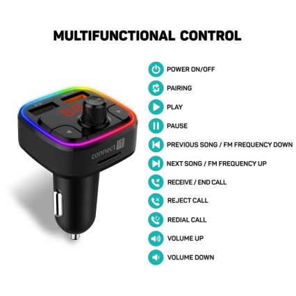 CONNECT IT CCC-9090-BK - LED RGB FM automobilinis siųstuvas su laisvų rankų funkcija juoda