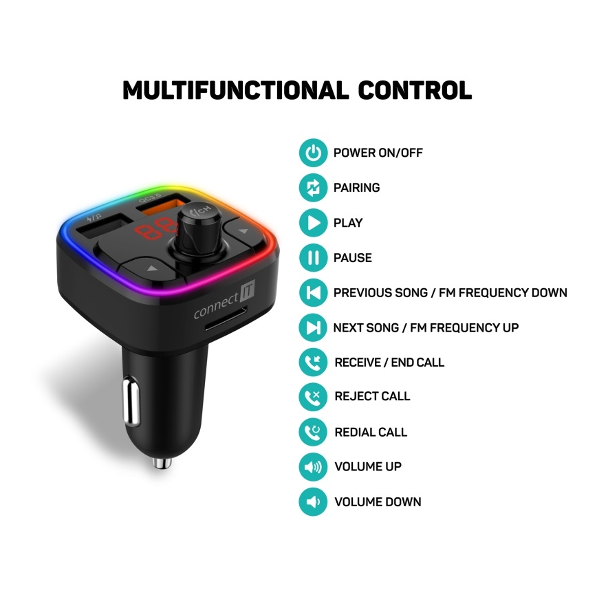 CONNECT IT CCC-9090-BK - LED RGB FM automobilinis siųstuvas su laisvų rankų funkcija juoda