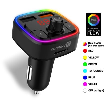 CONNECT IT CCC-9090-BK - LED RGB FM automobilinis siųstuvas su laisvų rankų funkcija juoda