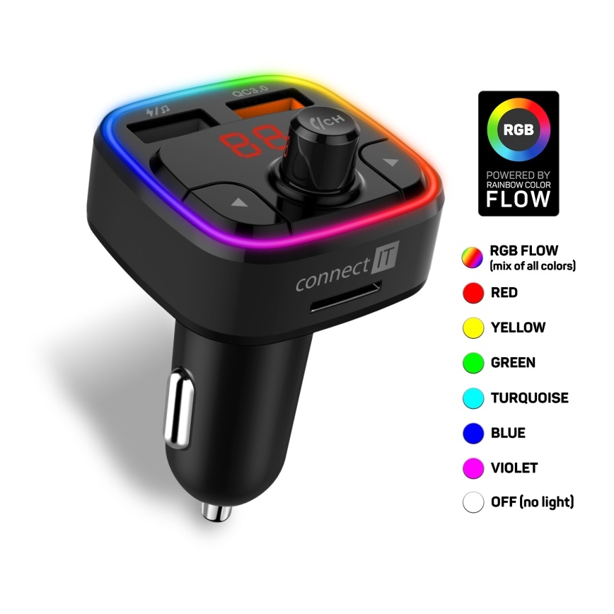 CONNECT IT CCC-9090-BK - LED RGB FM automobilinis siųstuvas su laisvų rankų funkcija juoda