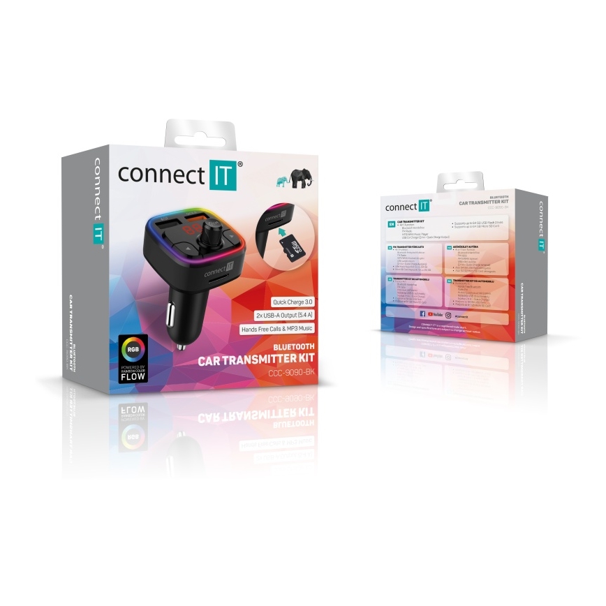 CONNECT IT CCC-9090-BK - LED RGB FM automobilinis siųstuvas su laisvų rankų funkcija juoda