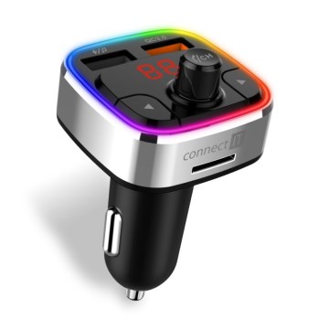 CONNECT IT CCC-9090-SL - LED RGB FM automobilinis siųstuvas su laisvų rankų funkcija juoda/sidabras