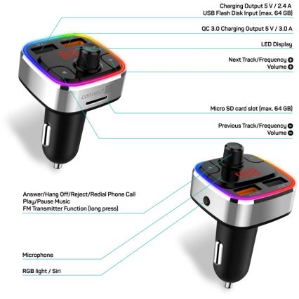 CONNECT IT CCC-9090-SL - LED RGB FM automobilinis siųstuvas su laisvų rankų funkcija juoda/sidabras