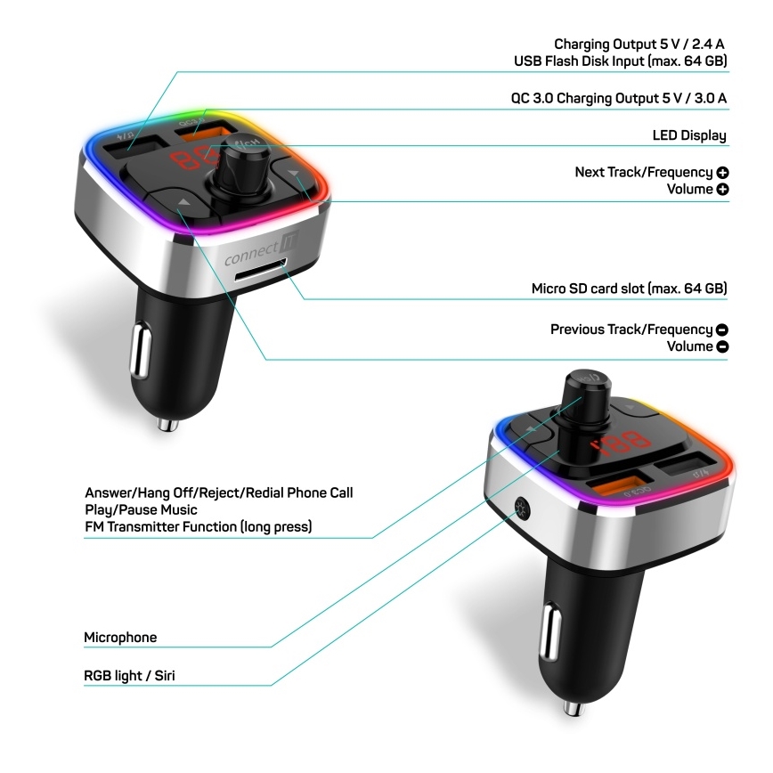CONNECT IT CCC-9090-SL - LED RGB FM automobilinis siųstuvas su laisvų rankų funkcija juoda/sidabras