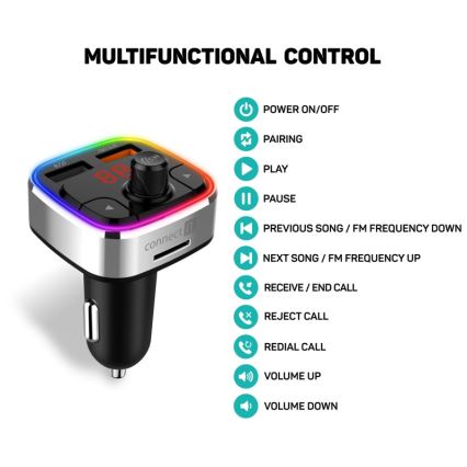 CONNECT IT CCC-9090-SL - LED RGB FM automobilinis siųstuvas su laisvų rankų funkcija juoda/sidabras