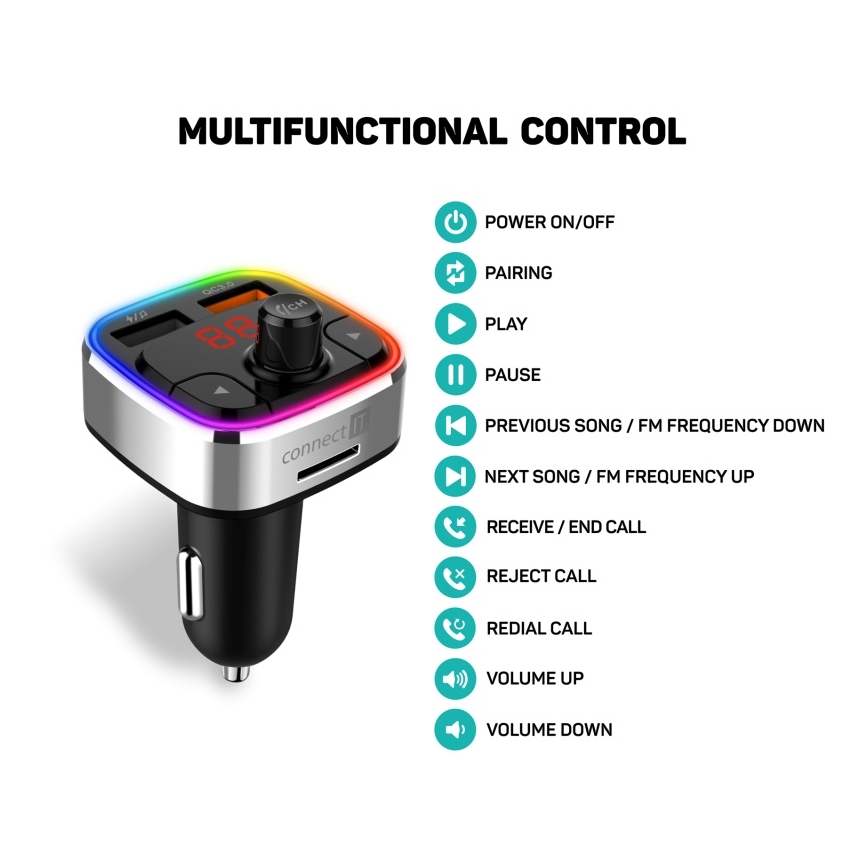 CONNECT IT CCC-9090-SL - LED RGB FM automobilinis siųstuvas su laisvų rankų funkcija juoda/sidabras