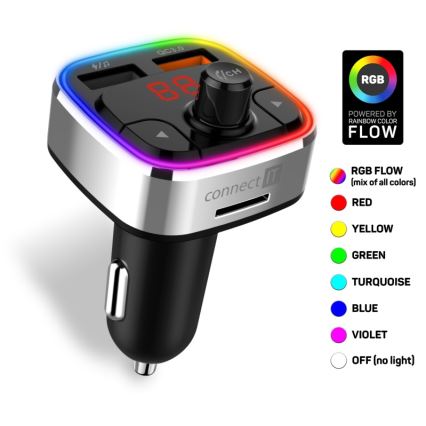 CONNECT IT CCC-9090-SL - LED RGB FM automobilinis siųstuvas su laisvų rankų funkcija juoda/sidabras