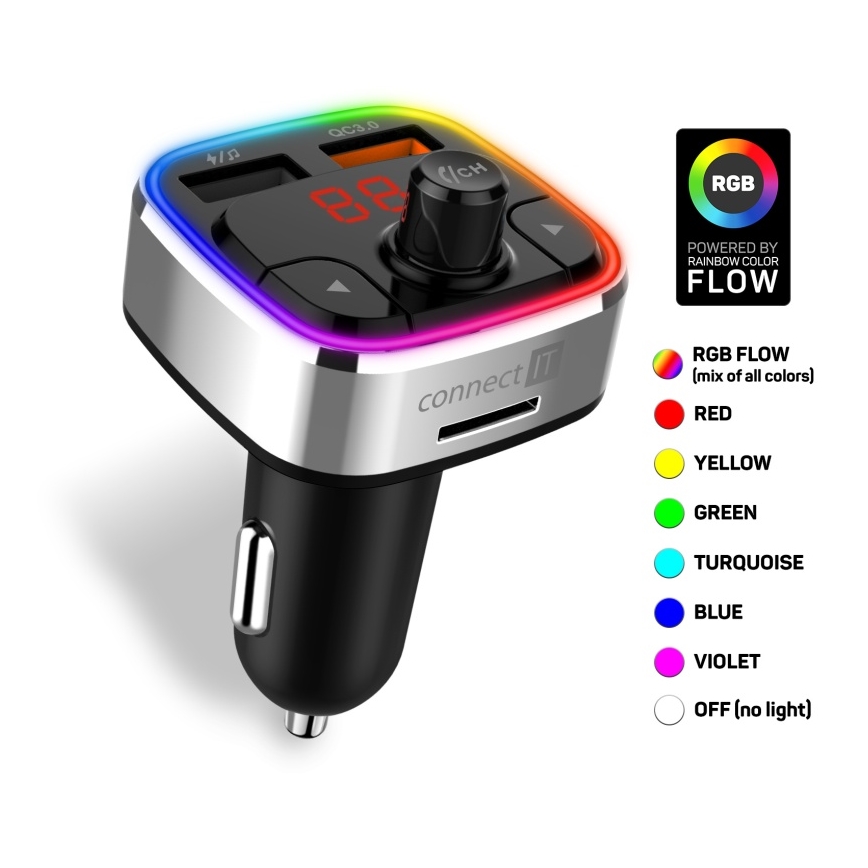 CONNECT IT CCC-9090-SL - LED RGB FM automobilinis siųstuvas su laisvų rankų funkcija juoda/sidabras