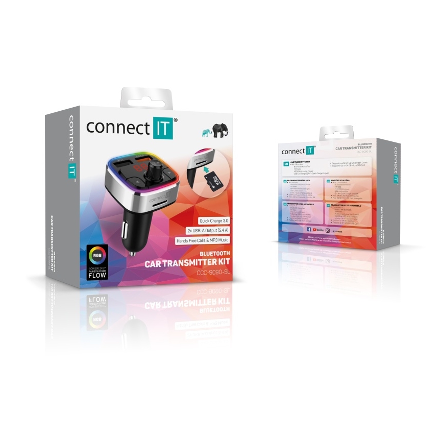 CONNECT IT CCC-9090-SL - LED RGB FM automobilinis siųstuvas su laisvų rankų funkcija juoda/sidabras
