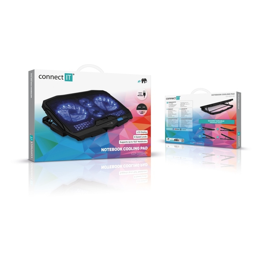 CONNECT IT CCP-2200-BK - Aušinimo padas nešiojamam kompiuteriui 4x ventiliatorius 2xUSB juoda//mėlyna