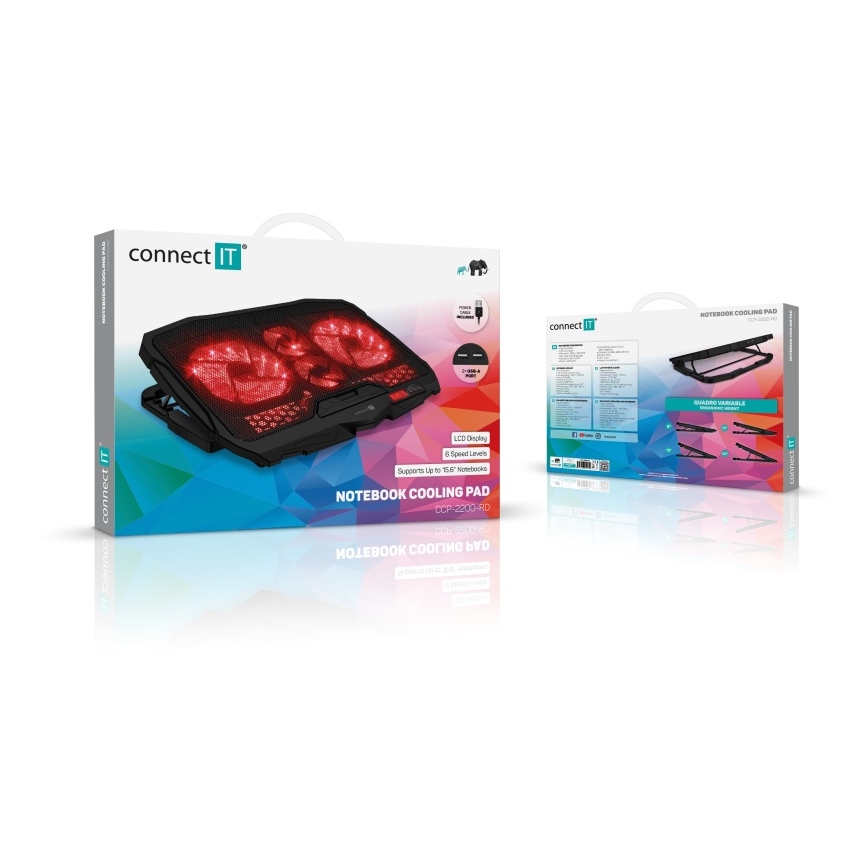 CONNECT IT CCP-2200-RD - Aušinimo padas nešiojamam kompiuteriui 4x ventiliatorius 2xUSB juoda/raudona