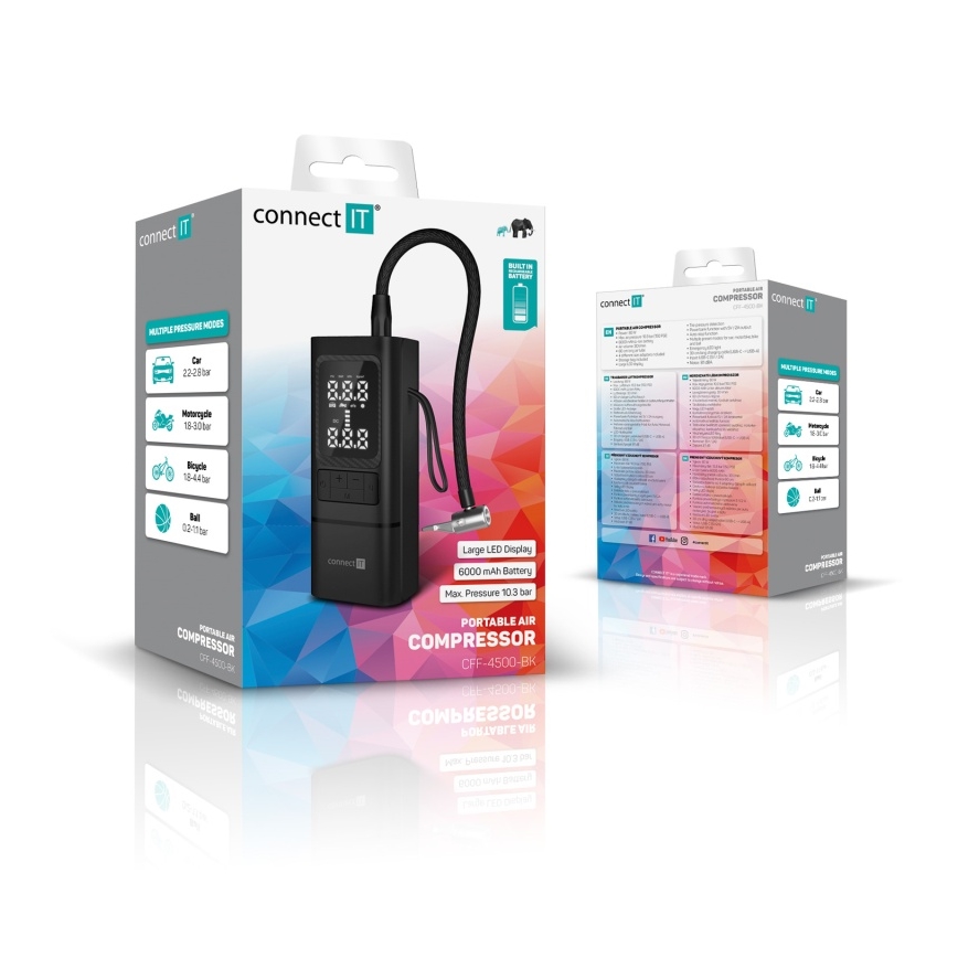 CONNECT IT CFF-4500-BK - skaitmeninis kišeninis oro kompresorius AirFlow, 80 W/6000 mAh, juodas