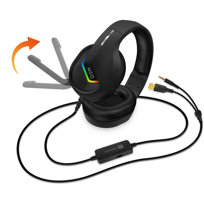 CONNECT IT CHP-3595-BK - LED RGB Laidinės žaidimų ausinės su mikrofonu juoda