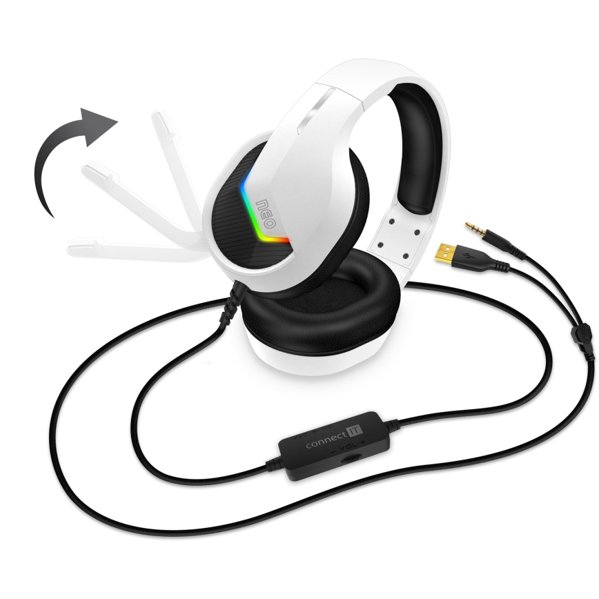 CONNECT IT CHP-3595-WH - LED RGB Laidinės žaidimų ausinės su mikrofonu balta/juoda