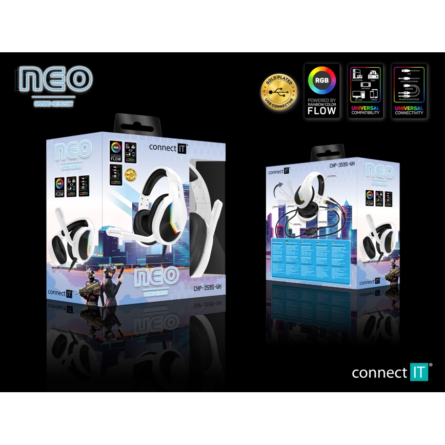CONNECT IT CHP-3595-WH - LED RGB Laidinės žaidimų ausinės su mikrofonu balta/juoda