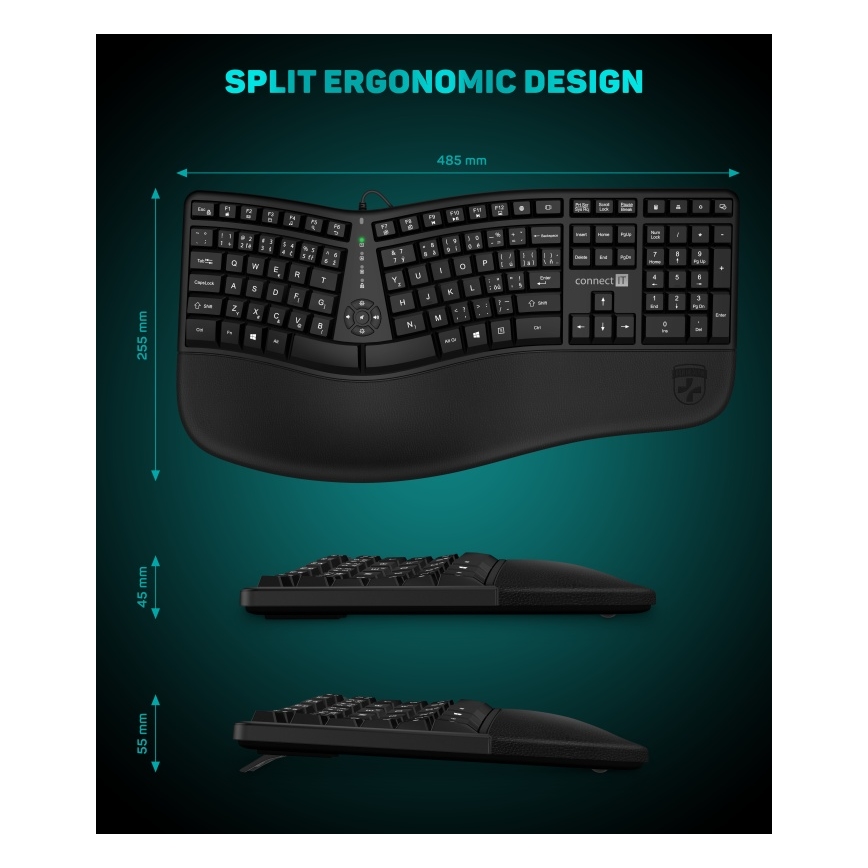 CONNECT IT CKB-2800-CS - Ergonomiška belaidė klaviatūra su CZ/SK lokalizacija juoda