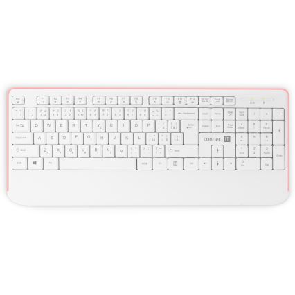 CONNECT IT CKM-7801-CS - Belaidė klaviatūra ir pelė 1200 DPI su CZ/SK lokalizacija 1xAAA + 1xAA balta/rausva
