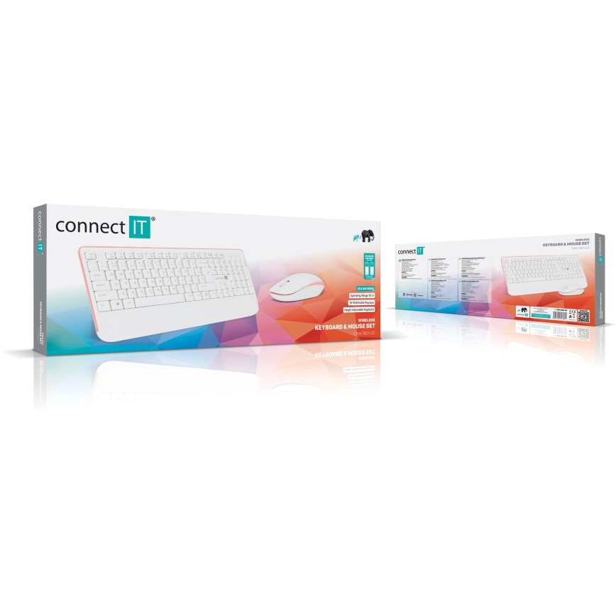 CONNECT IT CKM-7801-CS - Belaidė klaviatūra ir pelė 1200 DPI su CZ/SK lokalizacija 1xAAA + 1xAA balta/rausva