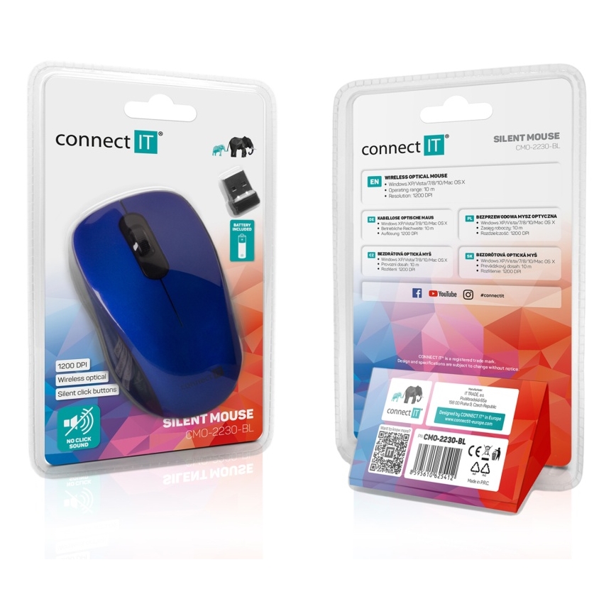 CONNECT IT CMO-2230-BL - Belaidė tyli pelė MUTE 1200 DPI 1xAA juoda/mėlyna