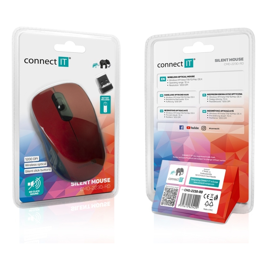 CONNECT IT CMO-2230-RD - Belaidė tyli pelė MUTE 1200 DPI 1xAA juoda/raudona
