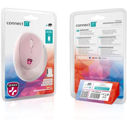 CONNECT IT CMO-2600-PK - Ergonomiška belaidė pelė 800/1200/1600 DPI, 1xAA, rožinė