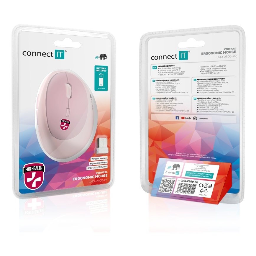 CONNECT IT CMO-2600-PK - Ergonomiška belaidė pelė 800/1200/1600 DPI, 1xAA, rožinė