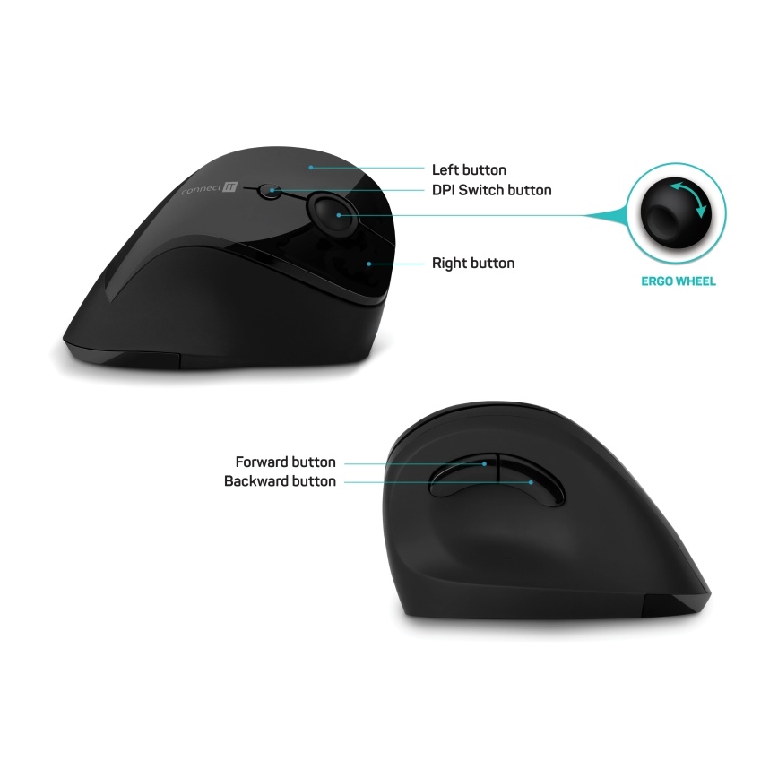 CONNECT IT CMO-2700-BK - Ergonomiška belaidė pelė 800/1200/1600 DPI 1xAA juoda