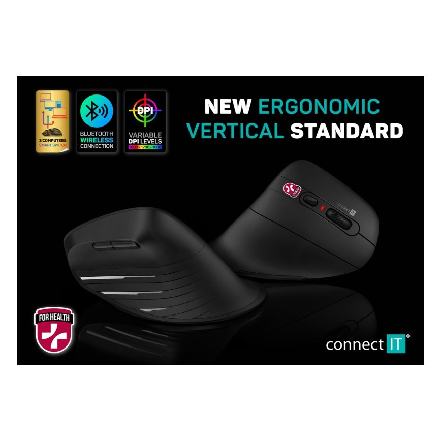CONNECT IT CMO-2880-BK - Ergonomiška belaidė pelė Verti TriMode 1000/1600/2400 DPI 2xAAA juoda