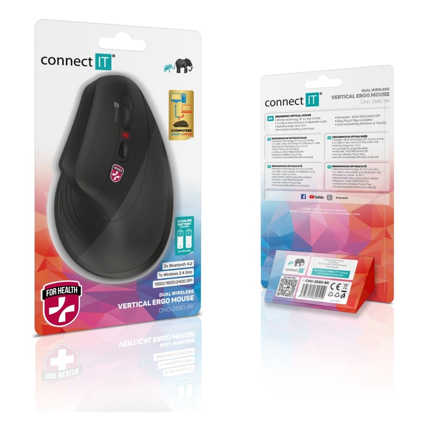 CONNECT IT CMO-2880-BK - Ergonomiška belaidė pelė Verti TriMode 1000/1600/2400 DPI 2xAAA juoda